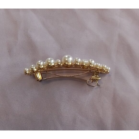 Elegant Faux Pearl Gold-Tone Barrette Vintage Hair Accessory - Picture 3 of 3
